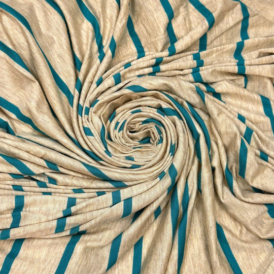 To Knit Or Not To Knit - Jersey Bamboo Blend Knit - Light Beige/Teal Stripes - 2.4M Bundle - True Deadstock fabric Fabric by private - Sustainable Textile | FABCYCLE