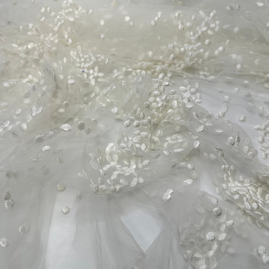 Toss The Rice - Embroidered Tulle Poly Knit - White Abstract Dots - 0.9M Bundle - True Deadstock fabric Fabric by private - Sustainable Textile | FABCYCLE