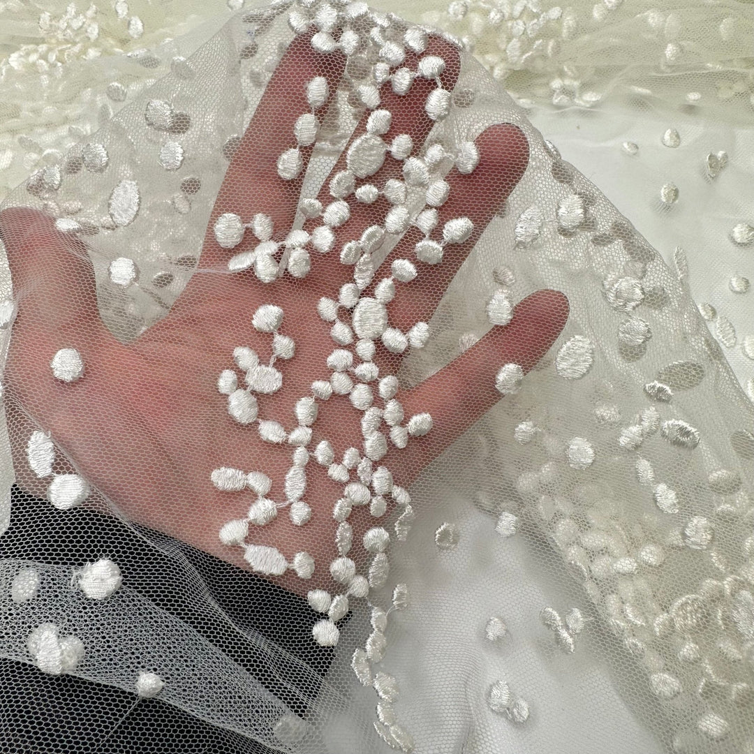 Toss The Rice - Embroidered Tulle Poly Knit - White Abstract Dots - 0.9M Bundle - True Deadstock fabric Fabric by private - Sustainable Textile | FABCYCLE