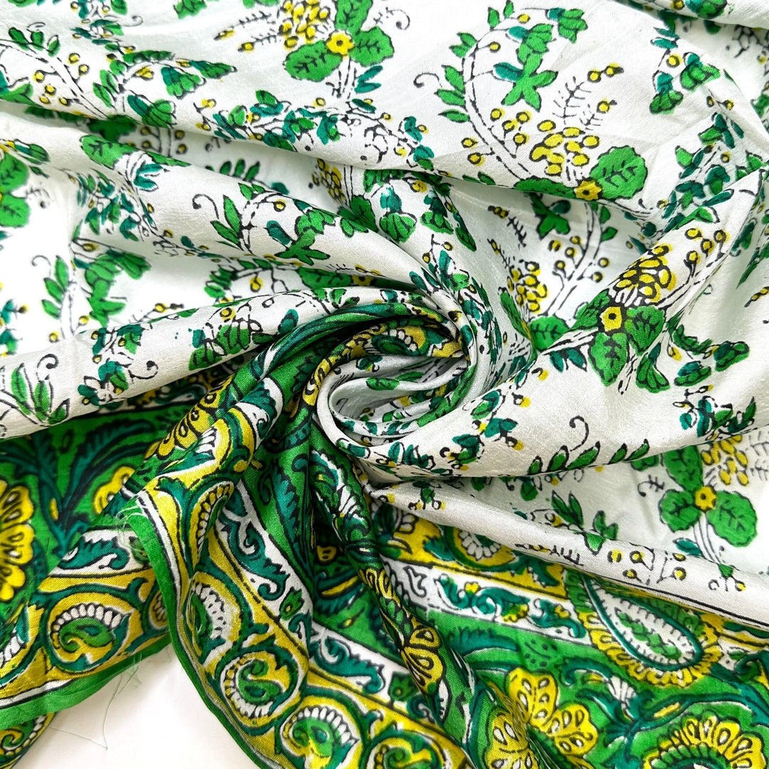 Turning Over A New Leaf - Satin Silk Blend Woven - Green Multi Floral - 4.5M Bundle - True Deadstock fabric Fabric by private - Sustainable Textile | FABCYCLE