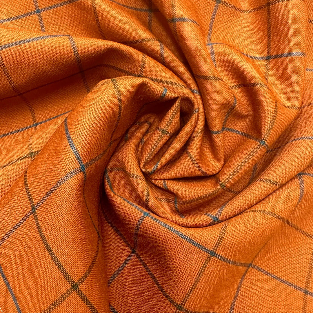 UB - All The Pumpkin Flavours - Windowpane Plaid Wool Blend Woven - Orange/Navy Plaid - 0.75M Bundle - True Deadstock fabric Fabric by private - Sustainable Textile | FABCYCLE