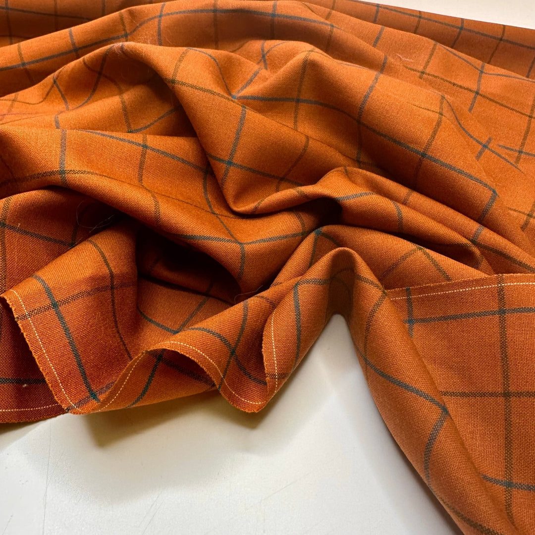 UB - All The Pumpkin Flavours - Windowpane Plaid Wool Blend Woven - Orange/Navy Plaid - 0.75M Bundle - True Deadstock fabric Fabric by private - Sustainable Textile | FABCYCLE