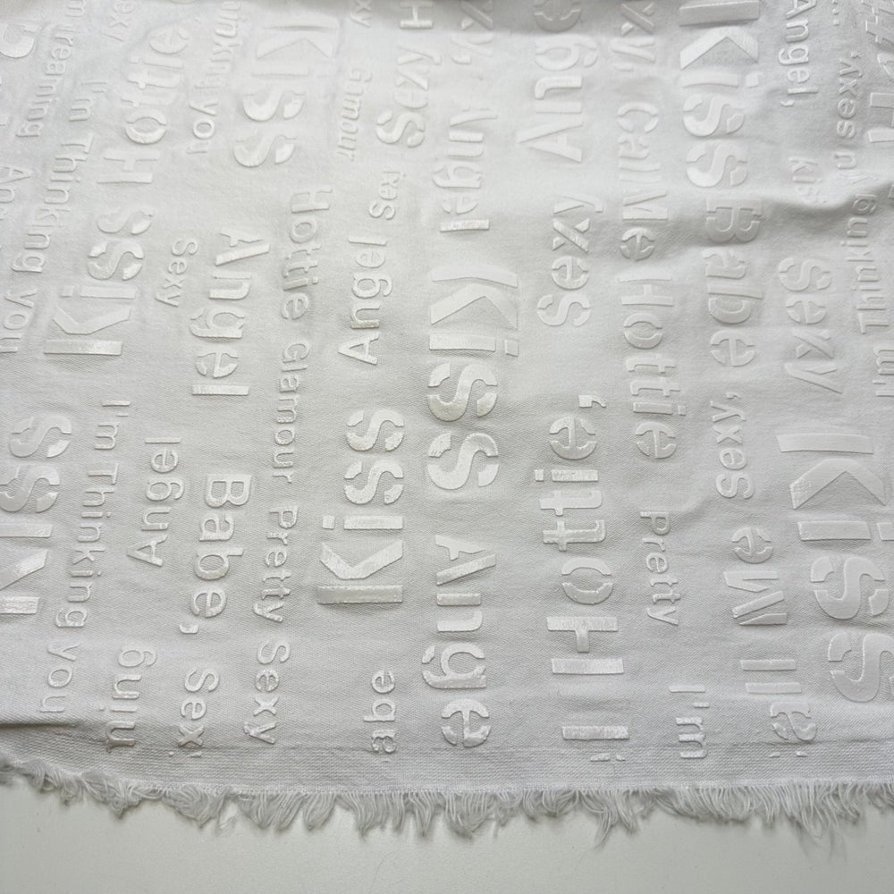 UB - Angel Babe Hottie - Pu Words Pressed On Denim Cotton/PU Woven - White Words - 1.95M Bundle - True Deadstock fabric Fabric by private - Sustainable Textile | FABCYCLE