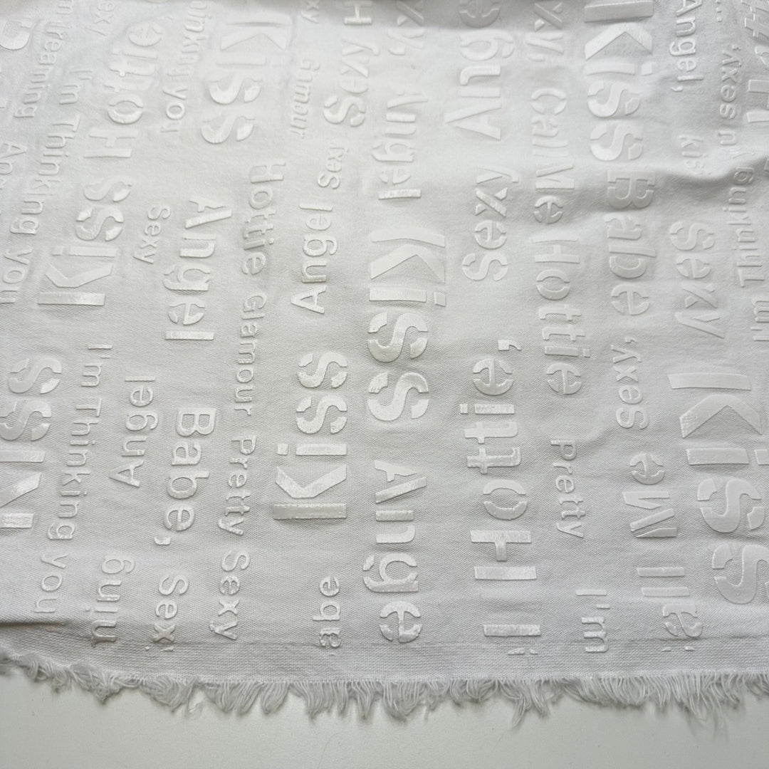 UB - Angel Babe Hottie - Pu Words Pressed On Denim Cotton/PU Woven - White Words - 1.95M Bundle - True Deadstock fabric Fabric by private - Sustainable Textile | FABCYCLE