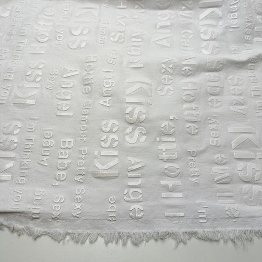 UB - Angel Babe Hottie - Pu Words Pressed On Denim Cotton/PU Woven - White Words - 1.95M Bundle - True Deadstock fabric Fabric by private - Sustainable Textile | FABCYCLE