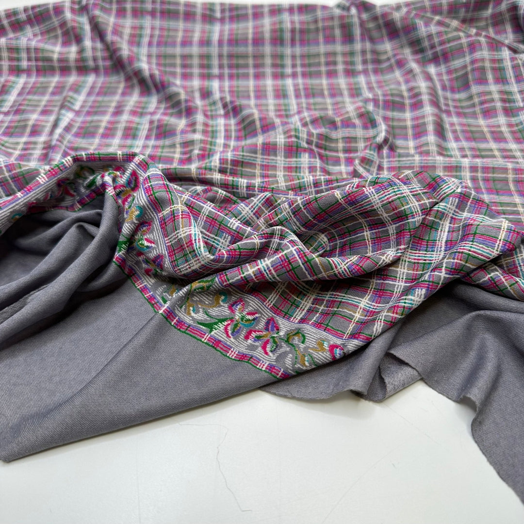 UB - Birthday Gift Wrapping - Poly Knit - Grey/Pink Plaid Border - 2.85M Bundle - True Deadstock fabric Fabric by private - Sustainable Textile | FABCYCLE