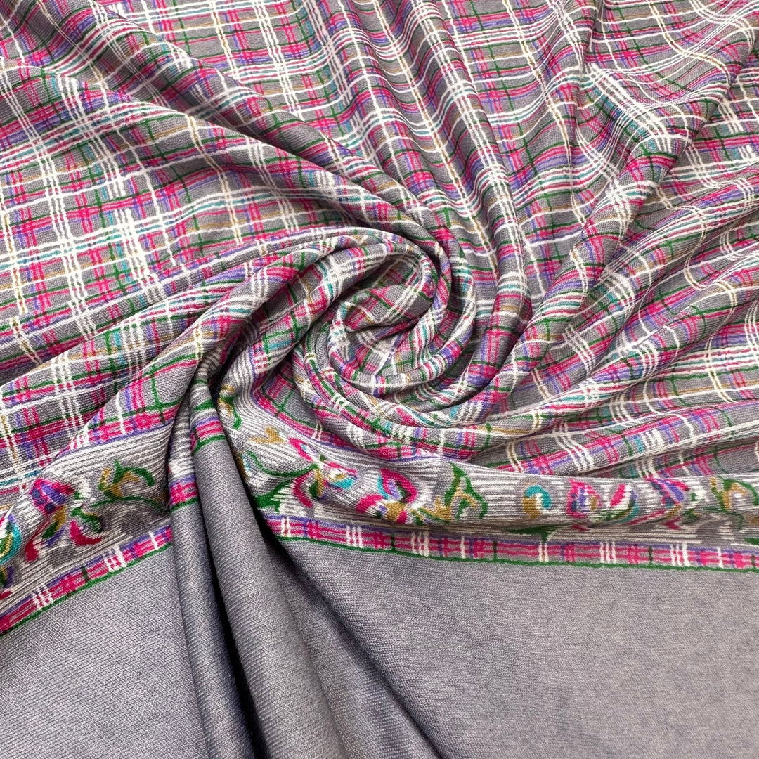 UB - Birthday Gift Wrapping - Poly Knit - Grey/Pink Plaid Border - 2.85M Bundle - True Deadstock fabric Fabric by private - Sustainable Textile | FABCYCLE
