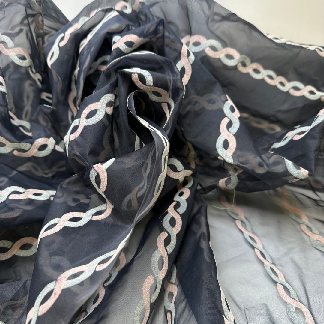 UB - Community Chain - Flocked Organza Poly Woven - Navy Multi Geometric - 1.8M Bundle - True Deadstock fabric Fabric by private - Sustainable Textile | FABCYCLE