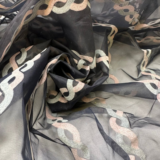 UB - Community Chain - Flocked Organza Poly Woven - Navy Multi Geometric - 1.8M Bundle - True Deadstock fabric Fabric by private - Sustainable Textile | FABCYCLE