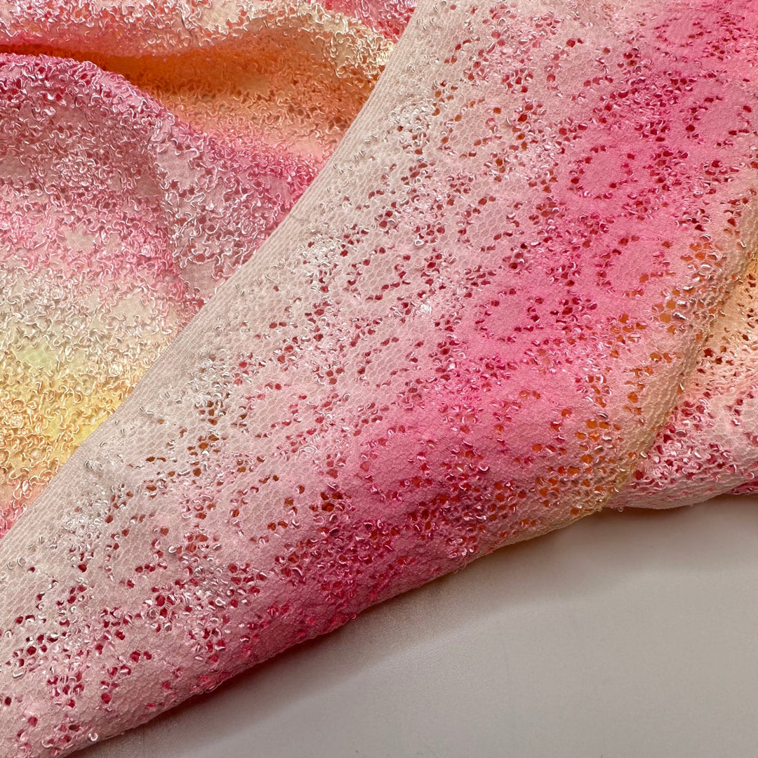 UB - Good Morning Sunshine - Lace Poly/Spandex Knit - Pink/Yellow Abstract - 1.9M Bundle - True Deadstock fabric Fabric by private - Sustainable Textile | FABCYCLE
