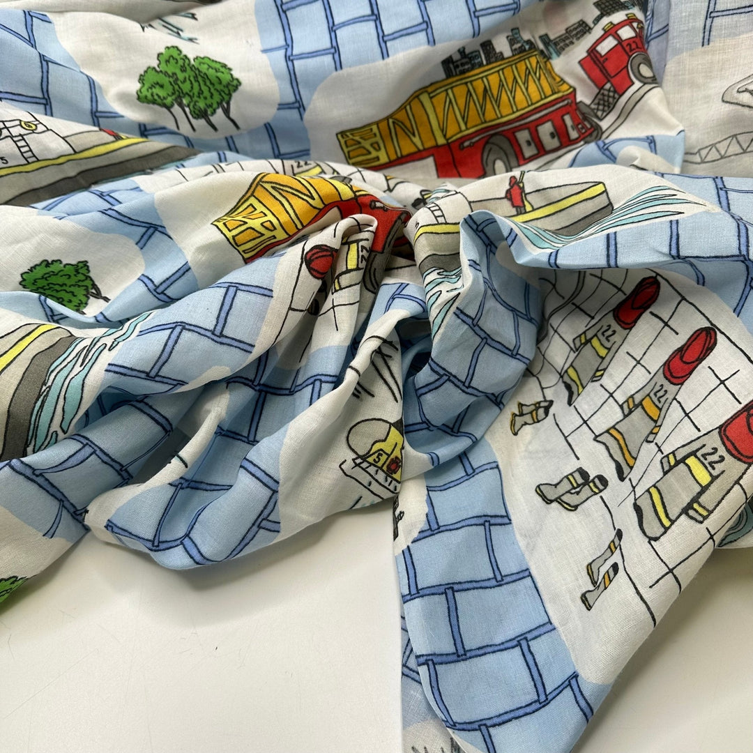 UB - I Want To Be A Firefighter - Vintage Cotton Woven - White Multi Firefighters Motif - Bundles - True Deadstock fabric Fabric by private - Sustainable Textile | FABCYCLE