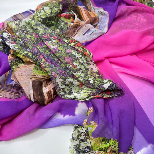 UB - Just Out For A Walk - Chiffon Poly Woven - Pink Multi Building With Garden Border - 2M Bundle - True Deadstock fabric Fabric by private - Sustainable Textile | FABCYCLE