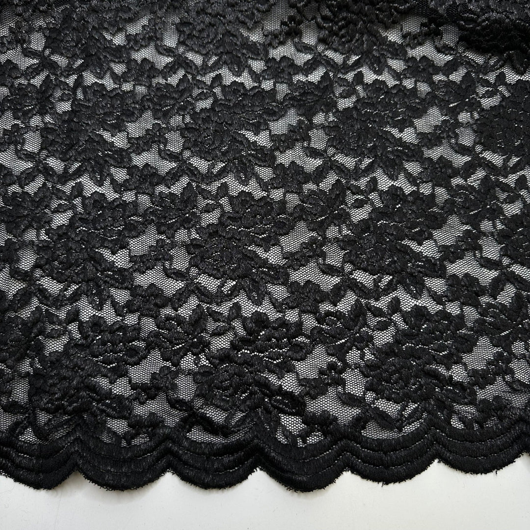 UB - Just Vamp - Scalloped Edges Lace Poly/PU Knit - Black Floral - 1.4M Bundle - True Deadstock fabric Fabric by private - Sustainable Textile | FABCYCLE
