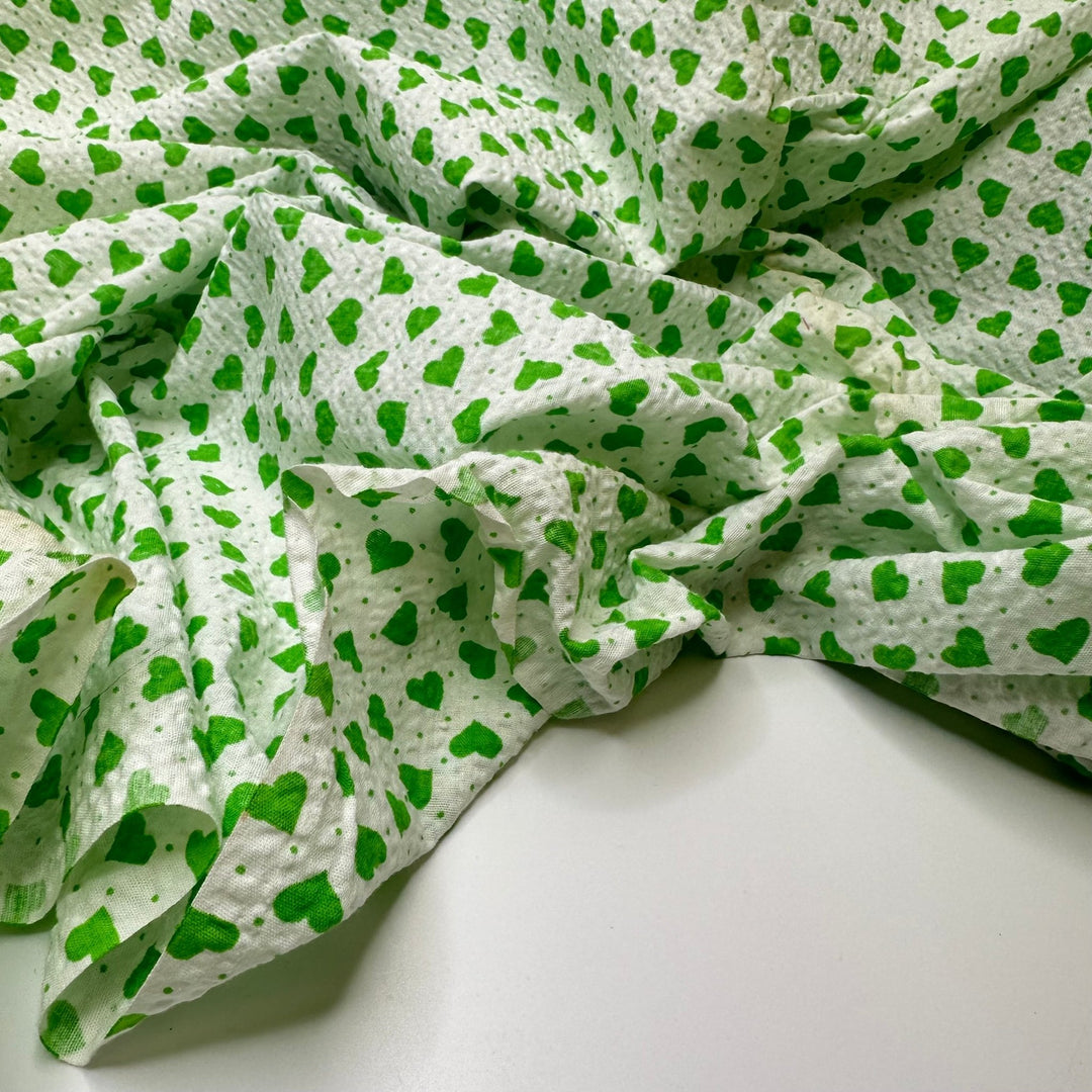 UB - Lucky In Love - Vintage Seersucker Cotton Woven - White/Green Hearts - 2M Bundle - True Deadstock fabric Fabric by private - Sustainable Textile | FABCYCLE