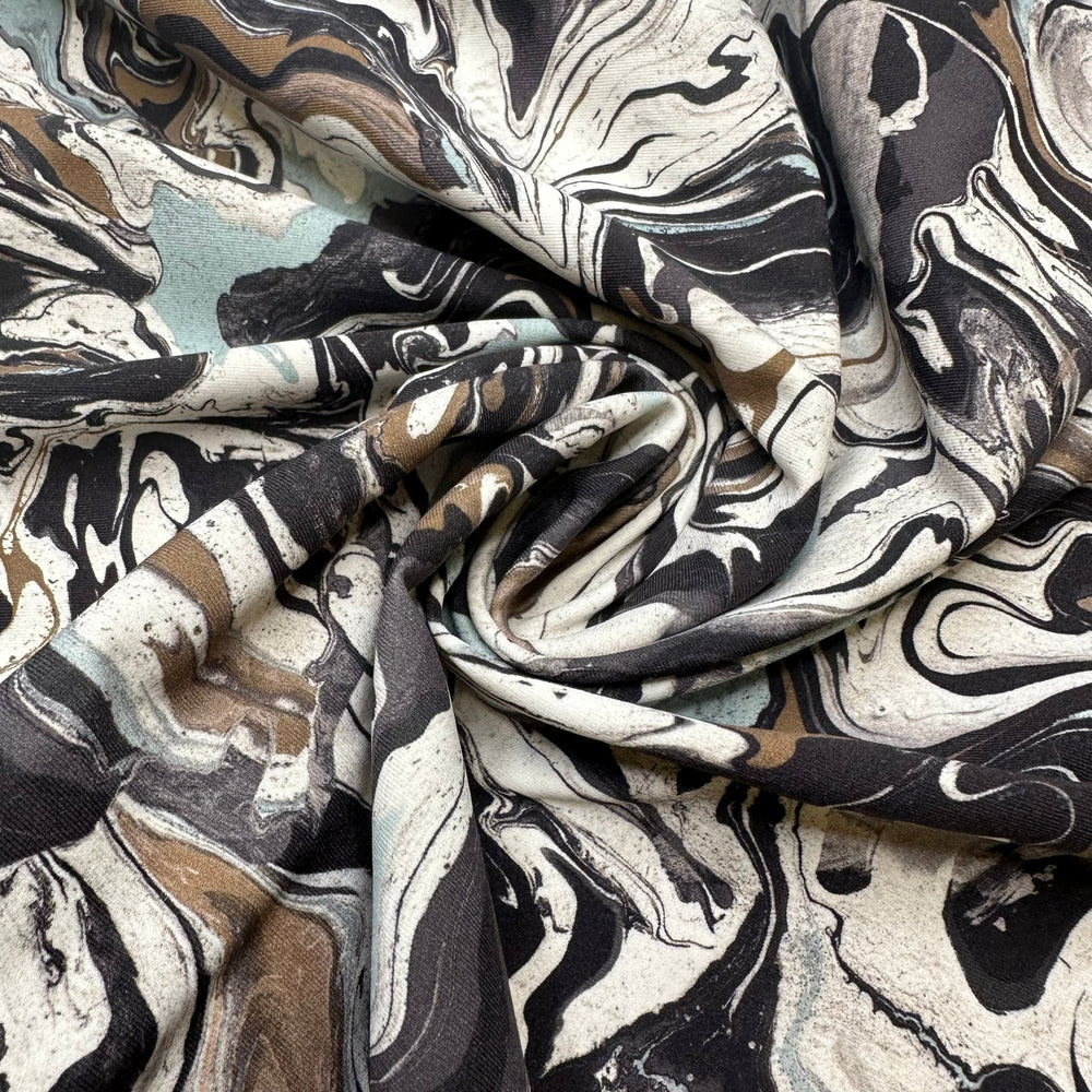 UB - Marbled Art - Jersey Poly/Spandex Knit - Light Gold Blue Blk White Marbled - 0.95M Bundle - True Deadstock fabric Fabric by private - Sustainable Textile | FABCYCLE