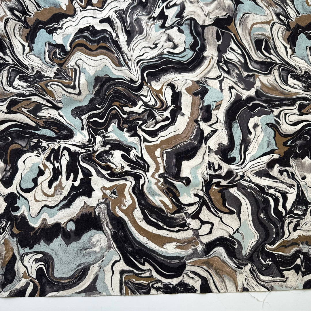 UB - Marbled Art - Jersey Poly/Spandex Knit - Light Gold Blue Blk White Marbled - 0.95M Bundle - True Deadstock fabric Fabric by private - Sustainable Textile | FABCYCLE