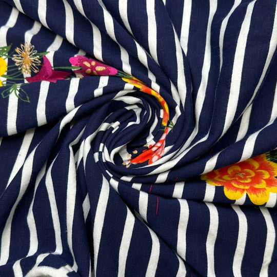 UB - Perfect Patch Of Posies - Jersey Cotton/Spandex Knit - Navy White Multi Stripes And Floral - 3.2M Bundle - True Deadstock fabric Fabric by private - Sustainable Textile | FABCYCLE