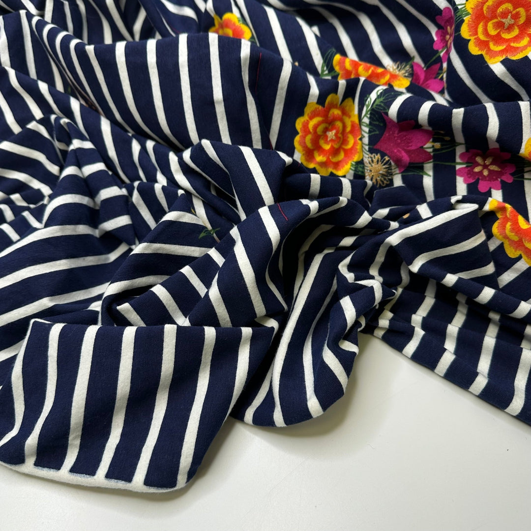 UB - Perfect Patch Of Posies - Jersey Cotton/Spandex Knit - Navy White Multi Stripes And Floral - 3.2M Bundle - True Deadstock fabric Fabric by private - Sustainable Textile | FABCYCLE