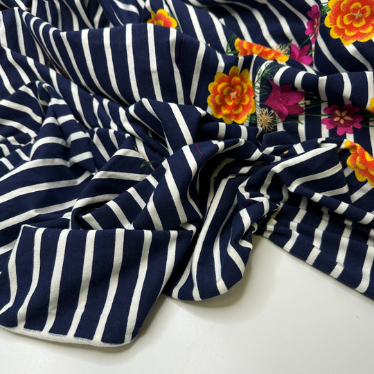 UB - Perfect Patch Of Posies - Jersey Cotton/Spandex Knit - Navy White Multi Stripes And Floral - 3.2M Bundle - True Deadstock fabric Fabric by private - Sustainable Textile | FABCYCLE