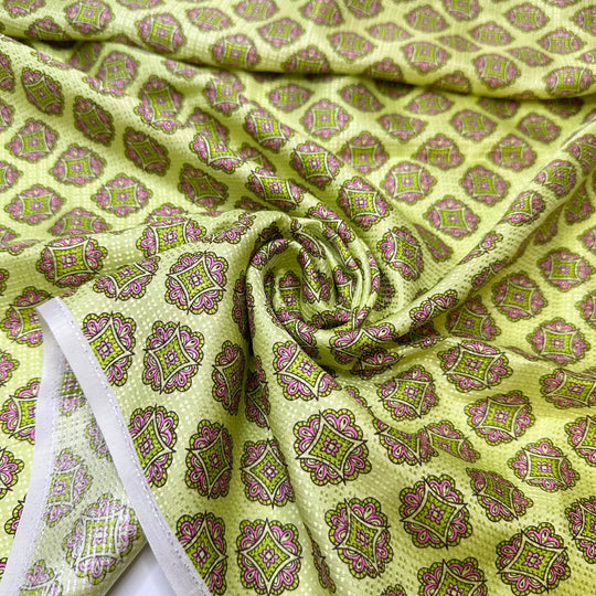 UB - Pushing Buttons - Sateen Silk Woven - Light Green Multi Geometric - 0.7M Bundle - True Deadstock fabric Fabric by private - Sustainable Textile | FABCYCLE