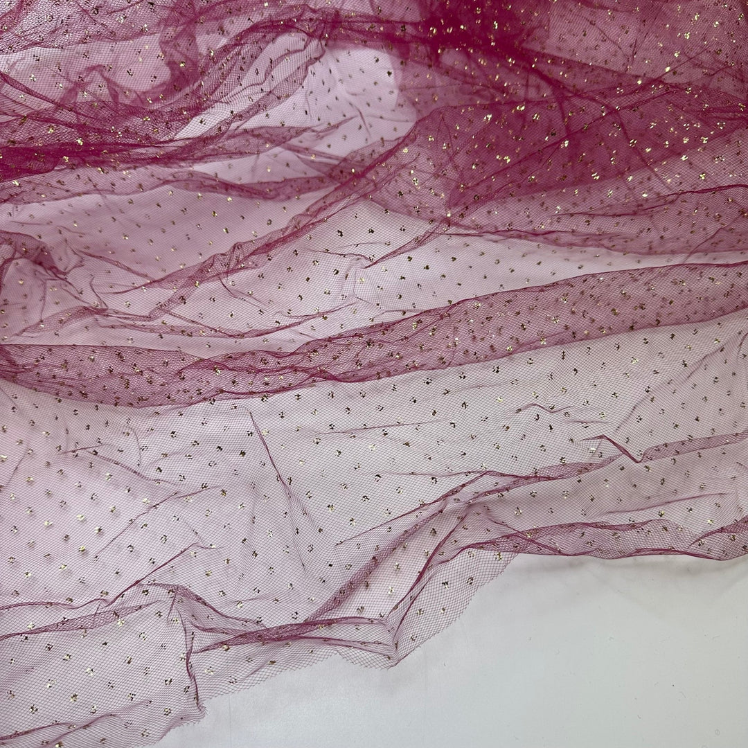 UB - Rich Taste - Glitter Tulle Poly Knit - Burgundy/Gold Polka Dots - 1.9M Bundle - True Deadstock fabric Fabric by private - Sustainable Textile | FABCYCLE