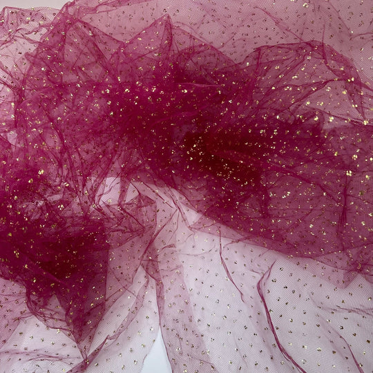 UB - Rich Taste - Glitter Tulle Poly Knit - Burgundy/Gold Polka Dots - 1.9M Bundle - True Deadstock fabric Fabric by private - Sustainable Textile | FABCYCLE