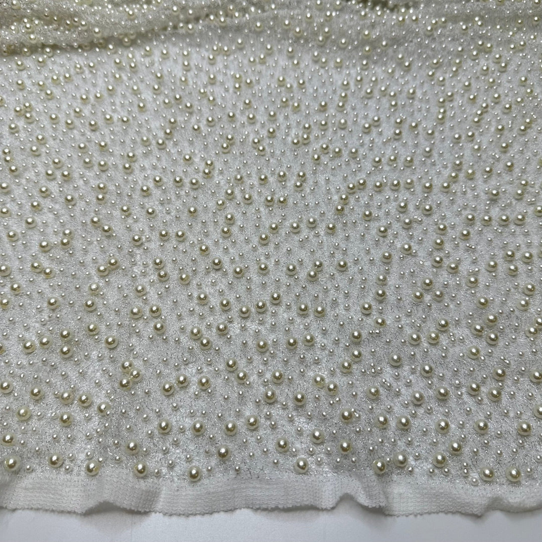 UB - String Of Pearls - Pearl Beaded Mesh Poly Knit - White - 1M Bundle - True Deadstock fabric Fabric by private - Sustainable Textile | FABCYCLE