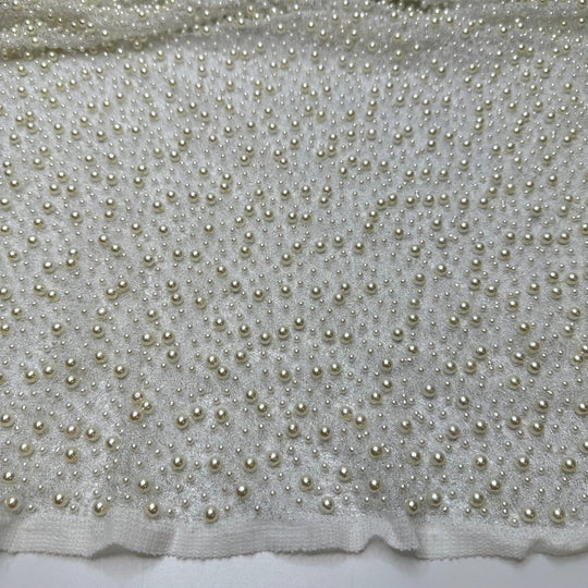 UB - String Of Pearls - Pearl Beaded Mesh Poly Knit - White - 1M Bundle - True Deadstock fabric Fabric by private - Sustainable Textile | FABCYCLE