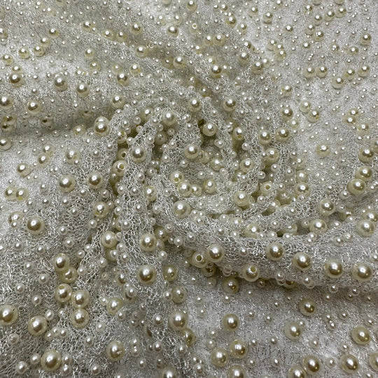 UB - String Of Pearls - Pearl Beaded Mesh Poly Knit - White - 1M Bundle - True Deadstock fabric Fabric by private - Sustainable Textile | FABCYCLE
