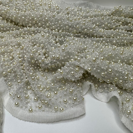 UB - String Of Pearls - Pearl Beaded Mesh Poly Knit - White - 1M Bundle - True Deadstock fabric Fabric by private - Sustainable Textile | FABCYCLE