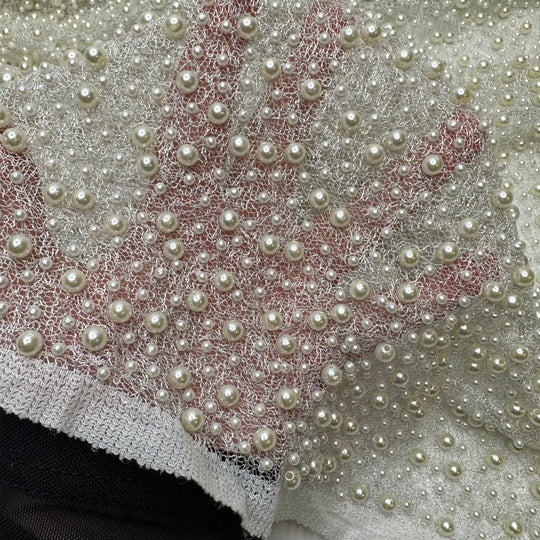 UB - String Of Pearls - Pearl Beaded Mesh Poly Knit - White - 1M Bundle - True Deadstock fabric Fabric by private - Sustainable Textile | FABCYCLE