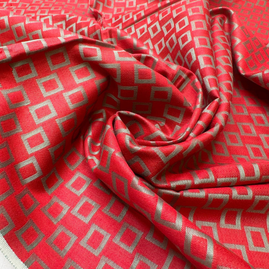 UB - Too Hip To Be Square - Metallic Jacquard Cotton Woven - Silver/Red Geometric - 1.35M Bundle - True Deadstock fabric Fabric by private - Sustainable Textile | FABCYCLE