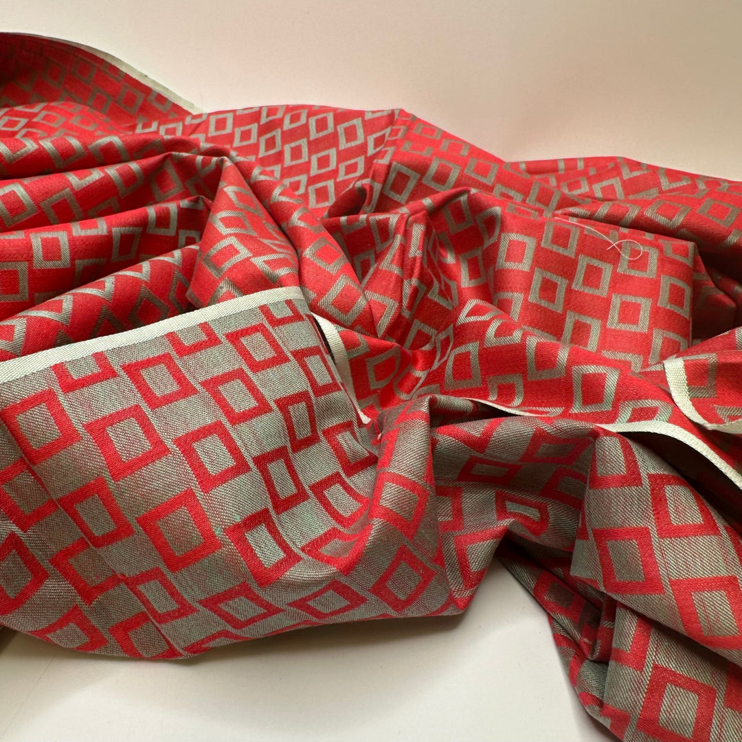 UB - Too Hip To Be Square - Metallic Jacquard Cotton Woven - Silver/Red Geometric - 1.35M Bundle - True Deadstock fabric Fabric by private - Sustainable Textile | FABCYCLE