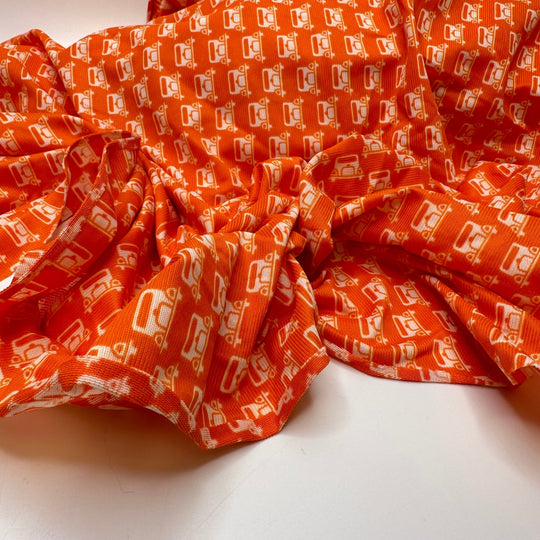 UB - Vroom Vroom - Rib Knit Poly Knit - Orange/White Cars - 2.65M Bundle - True Deadstock fabric Fabric by private - Sustainable Textile | FABCYCLE