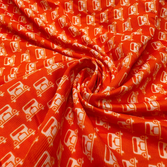 UB - Vroom Vroom - Rib Knit Poly Knit - Orange/White Cars - 2.65M Bundle - True Deadstock fabric Fabric by private - Sustainable Textile | FABCYCLE