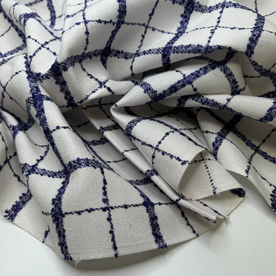 UB - Watching The Rain Through The Window - Basket Weave Polyester Blend Woven - White/Navy Plaid - 1.35M Bundle - True Deadstock fabric Fabric by private - Sustainable Textile | FABCYCLE