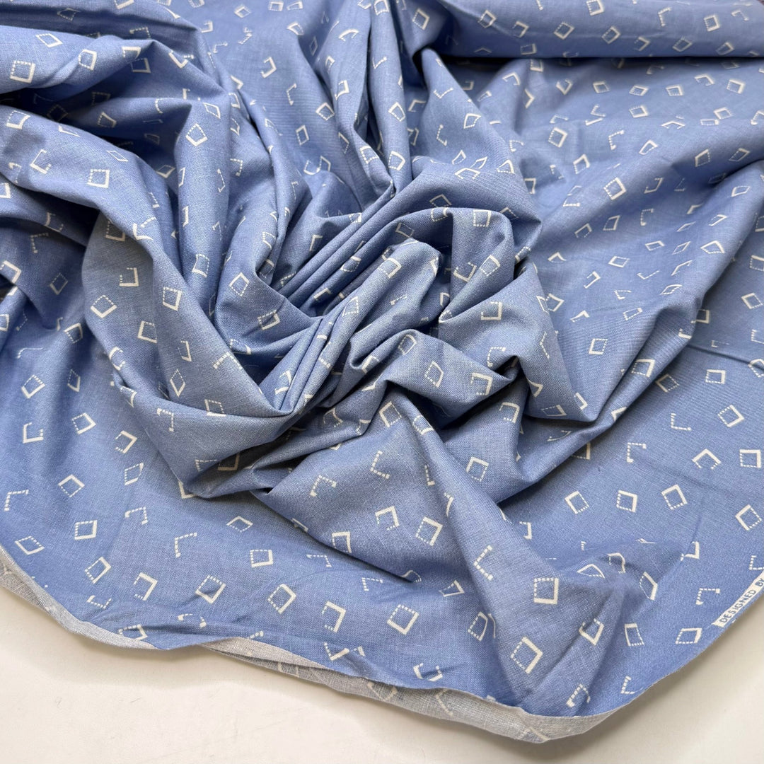 Using Every Scrap Of Fabric - Cotton Woven - White/Blue Geometric - 2M Bundle - True Deadstock fabric Fabric by private - Sustainable Textile | FABCYCLE