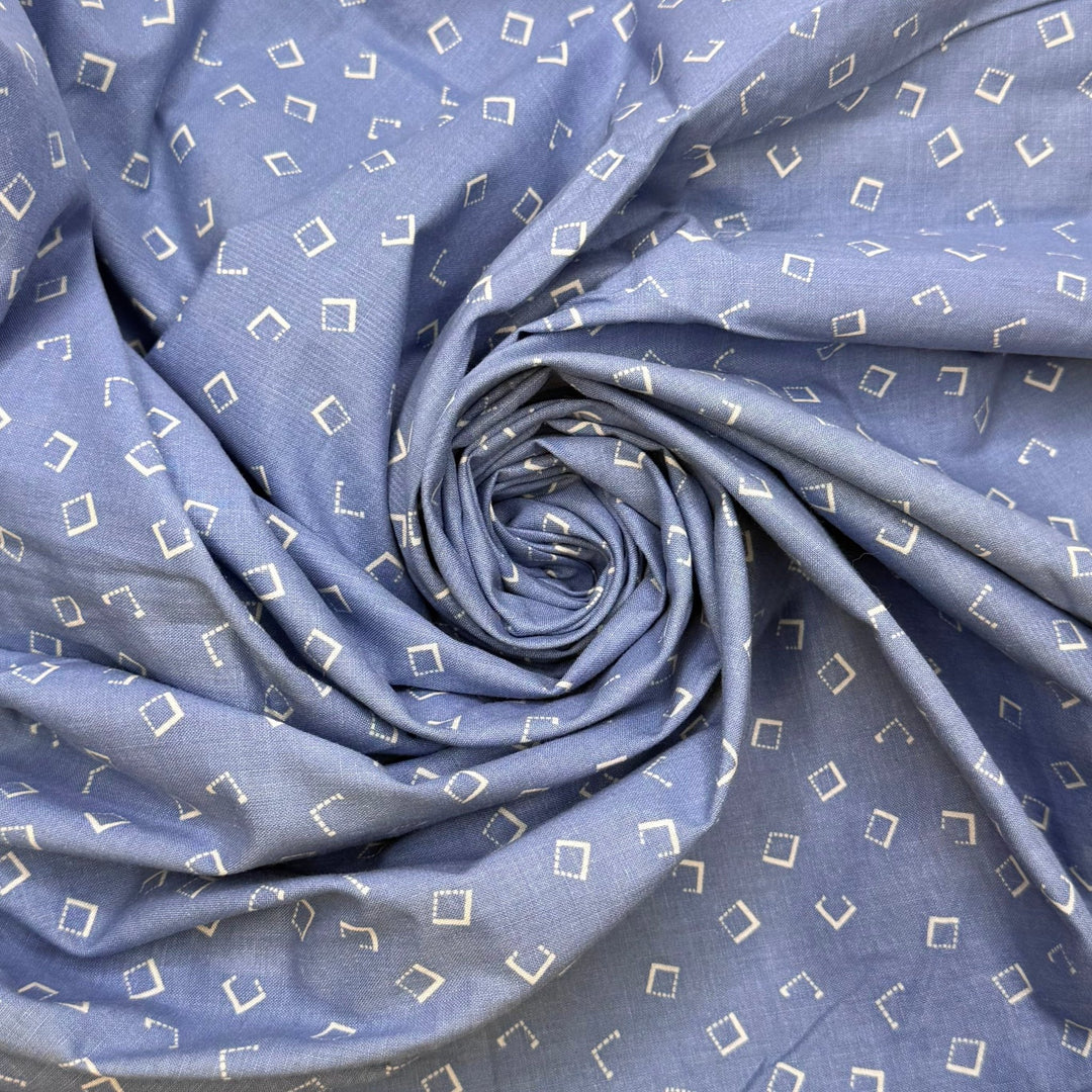 Using Every Scrap Of Fabric - Cotton Woven - White/Blue Geometric - 2M Bundle - True Deadstock fabric Fabric by private - Sustainable Textile | FABCYCLE