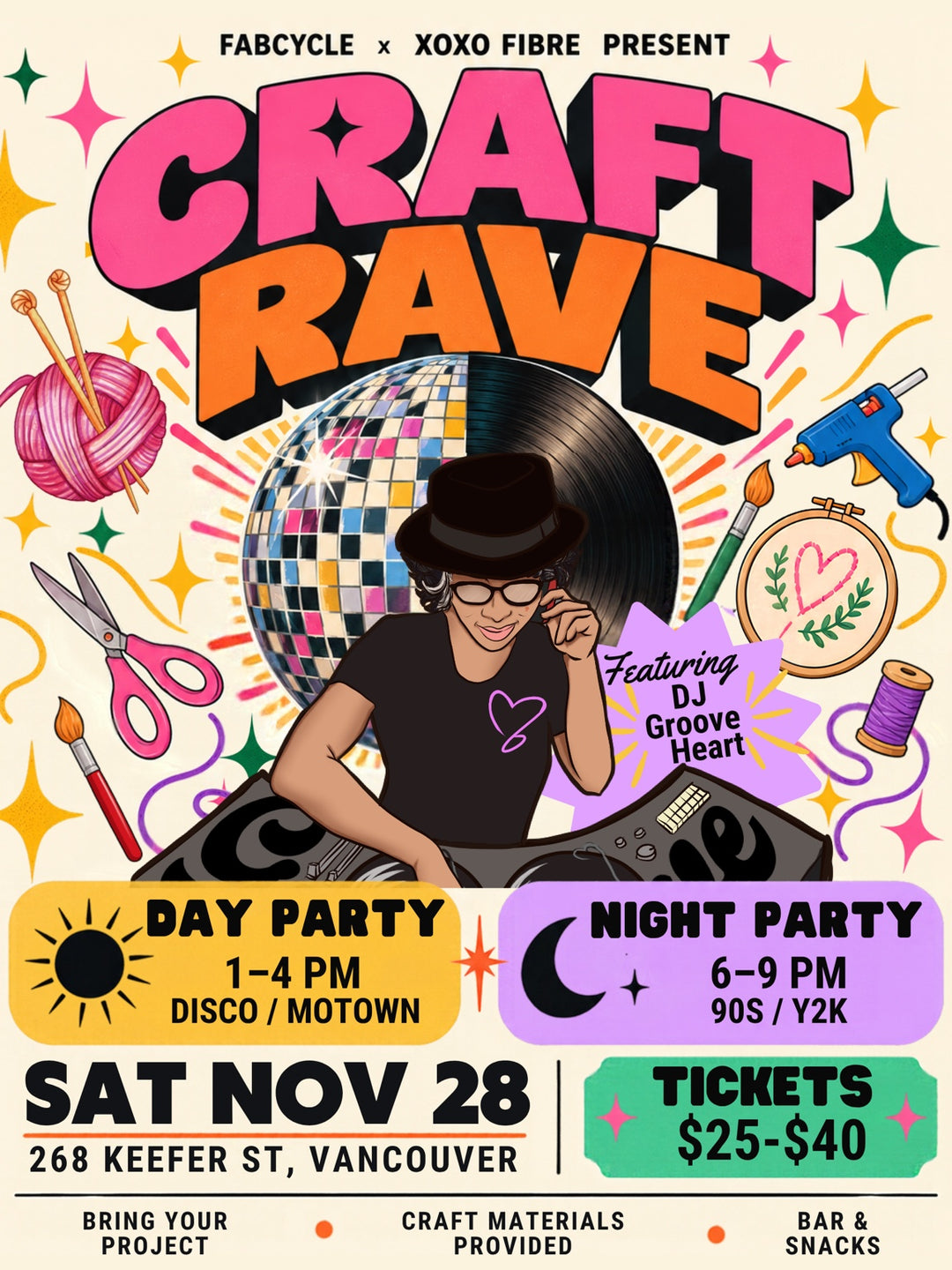 VanCity Craft Rave official illustrated poster. Saturday November 28 at 268 Keefer Street, Vancouver. Day and night craft and dance parties.