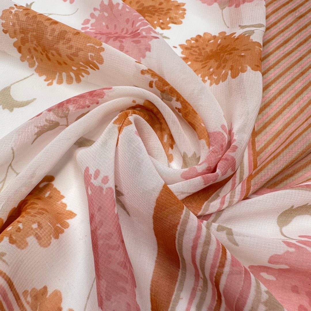 Very Large Floral Arrangements - Chiffon Poly Woven - White/Orange Floral Border - 2M Bundle - True Deadstock fabric Fabric by private - Sustainable Textile | FABCYCLE