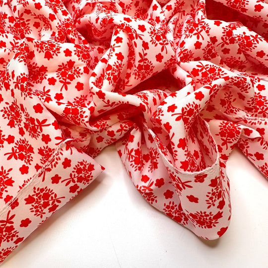 Waiting For The Flowers To Bloom - Polyester Blend Woven - White/Red Floral - 2.15M Bundle - True Deadstock fabric Fabric by private - Sustainable Textile | FABCYCLE