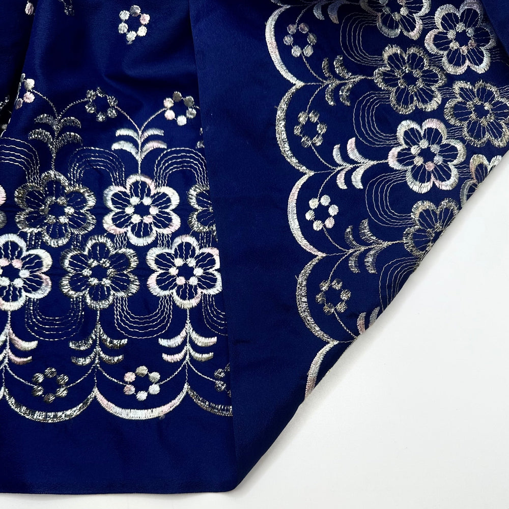 Wash Away The Old Me - Embroidered Metallic Thread Polyester Blend Woven - Light Navy/Silver Floral Border - 4.3M Bundle - True Deadstock fabric Fabric by private - Sustainable Textile | FABCYCLE