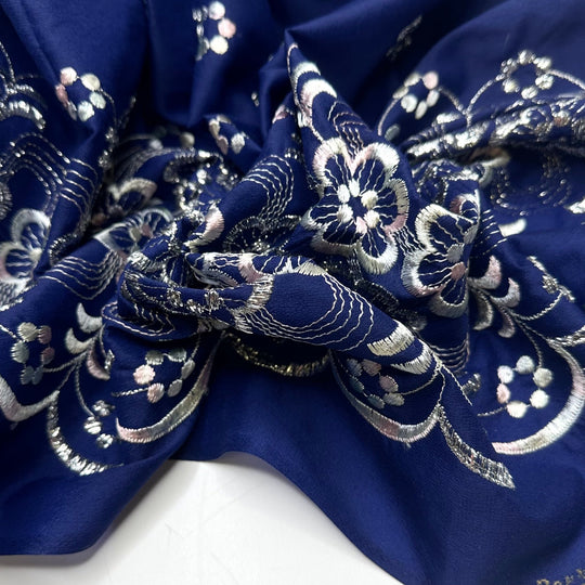 Wash Away The Old Me - Embroidered Metallic Thread Polyester Blend Woven - Light Navy/Silver Floral Border - 4.3M Bundle - True Deadstock fabric Fabric by private - Sustainable Textile | FABCYCLE