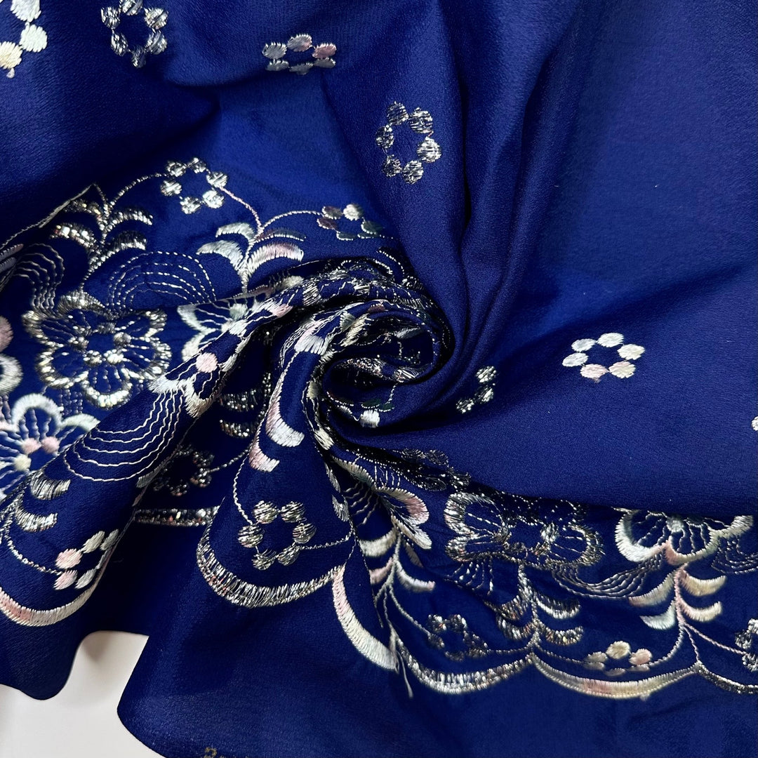 Wash Away The Old Me - Embroidered Metallic Thread Polyester Blend Woven - Light Navy/Silver Floral Border - 4.3M Bundle - True Deadstock fabric Fabric by private - Sustainable Textile | FABCYCLE