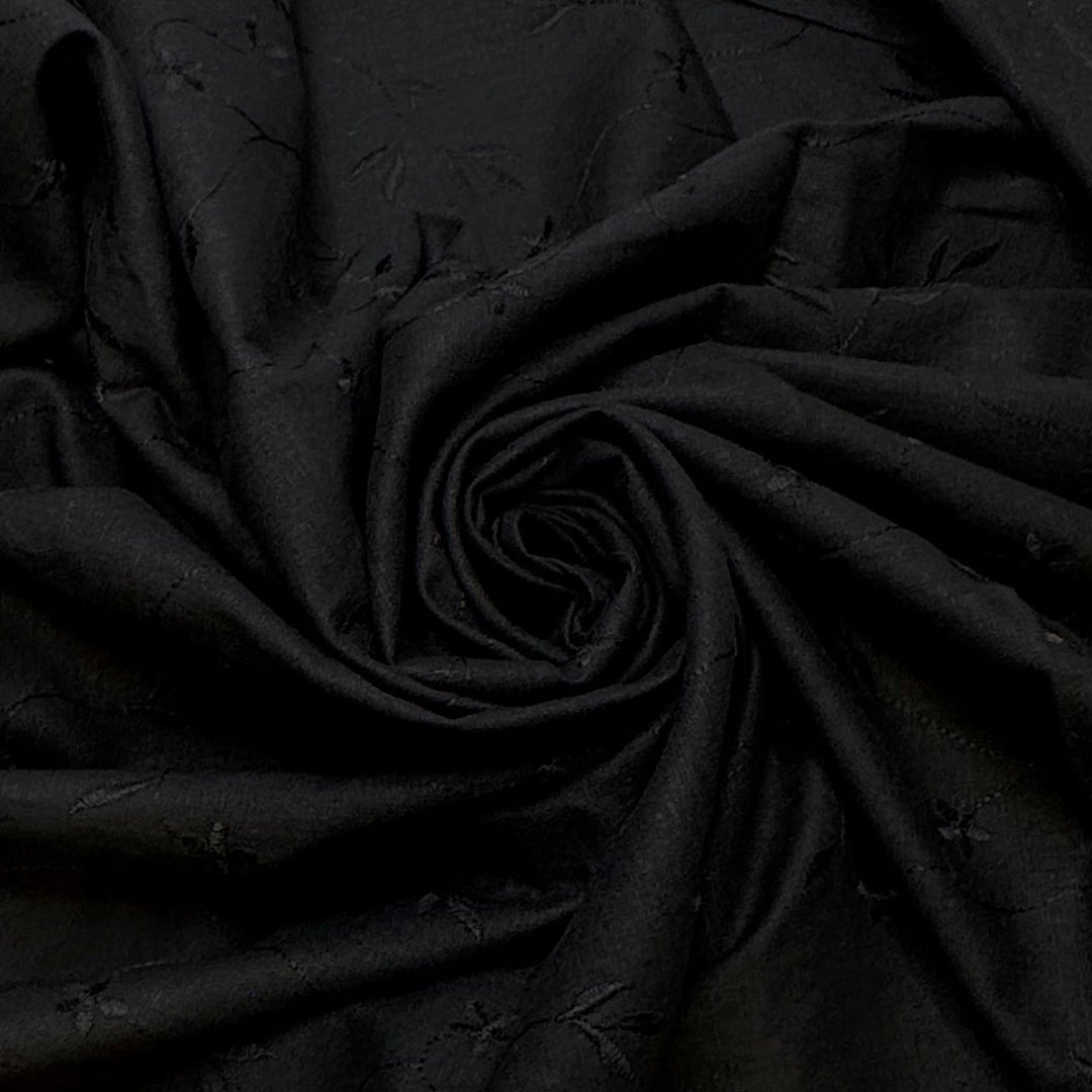 Watching Insects In The Garden - Embroidered Natural Woven - Black Floral - 2.45M Bundle - True Deadstock fabric Fabric by private - Sustainable Textile | FABCYCLE