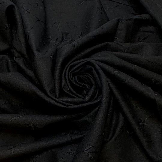Watching Insects In The Garden - Embroidered Natural Woven - Black Floral - 2.45M Bundle - True Deadstock fabric Fabric by private - Sustainable Textile | FABCYCLE