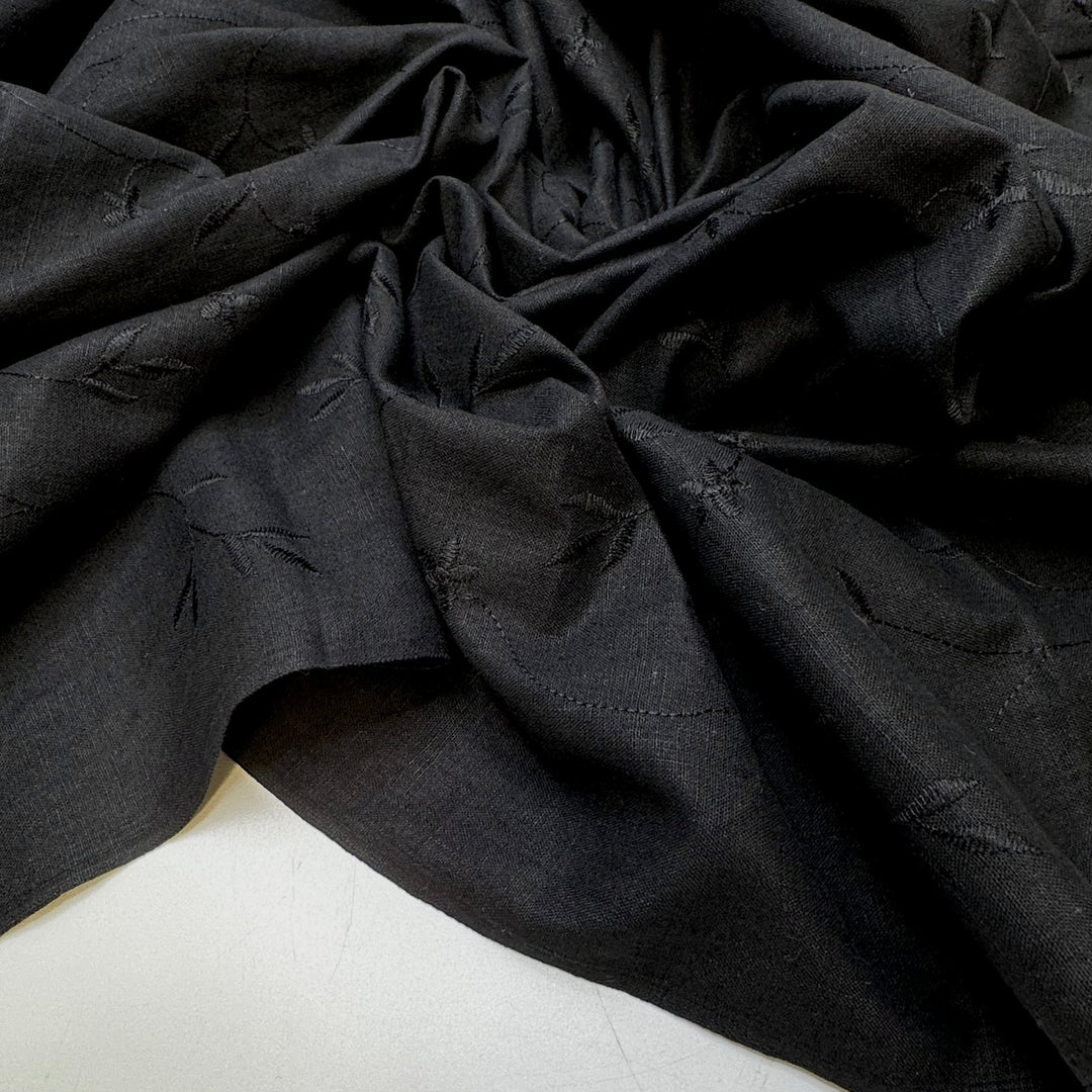 Watching Insects In The Garden - Embroidered Natural Woven - Black Floral - 2.45M Bundle - True Deadstock fabric Fabric by private - Sustainable Textile | FABCYCLE