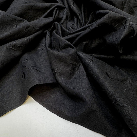 Watching Insects In The Garden - Embroidered Natural Woven - Black Floral - 2.45M Bundle - True Deadstock fabric Fabric by private - Sustainable Textile | FABCYCLE