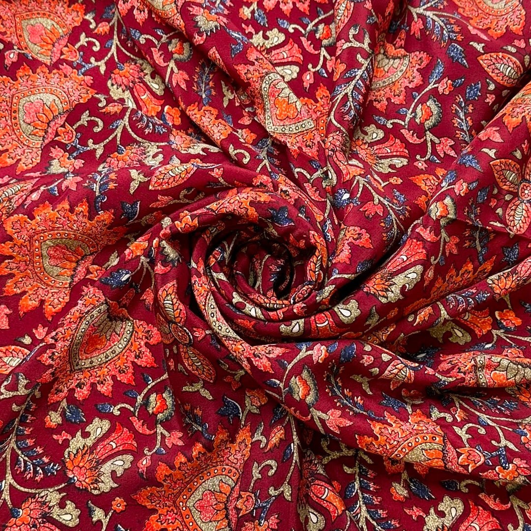 Winter Sangria - Chiffon Poly Woven - Dark Burgundy/Orange Floral - 3.9M Bundle - True Deadstock fabric Fabric by private - Sustainable Textile | FABCYCLE