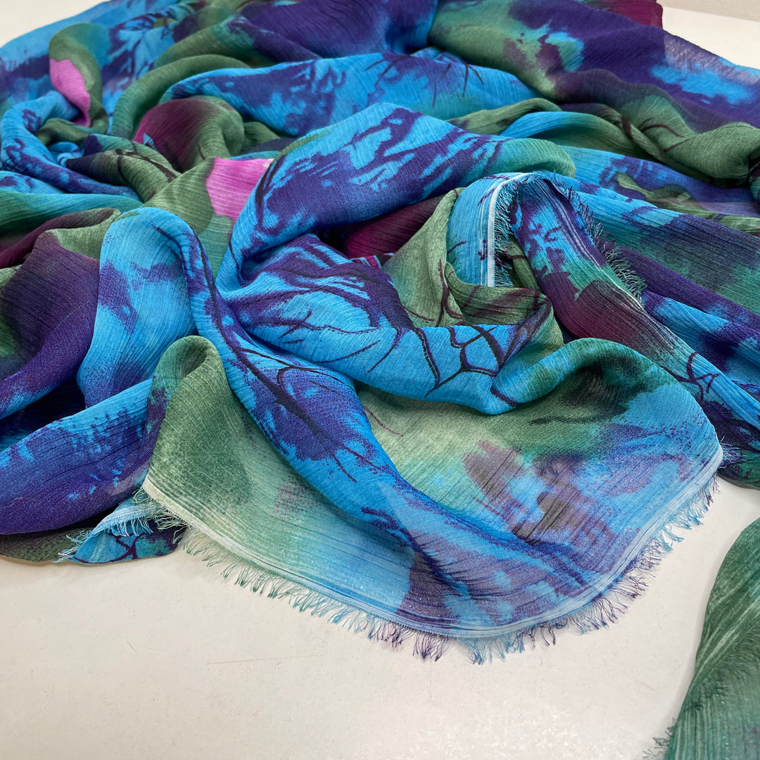 Water Lilies - Crinkle Chiffon Poly Woven - Blue Multi Abstract - 1.15M Bundle (6790917849201)